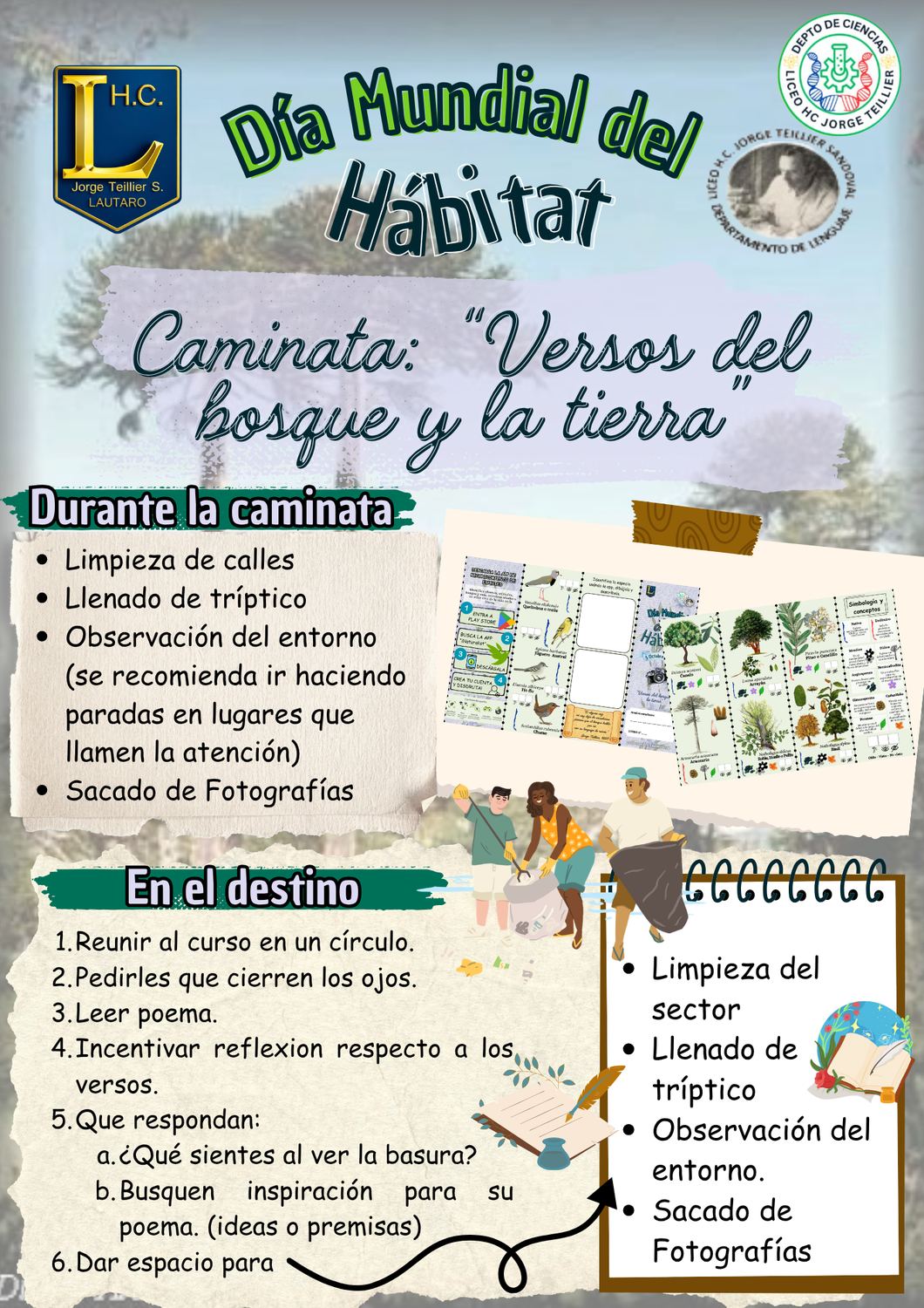 Afiche Día Mundial del Hábitat: durante la caminata, limpieza de calles, llenado del tríptico, observación del entorno y fotografías; en el destino, círculo, lectura de un poema, reflexión y limpieza del sector