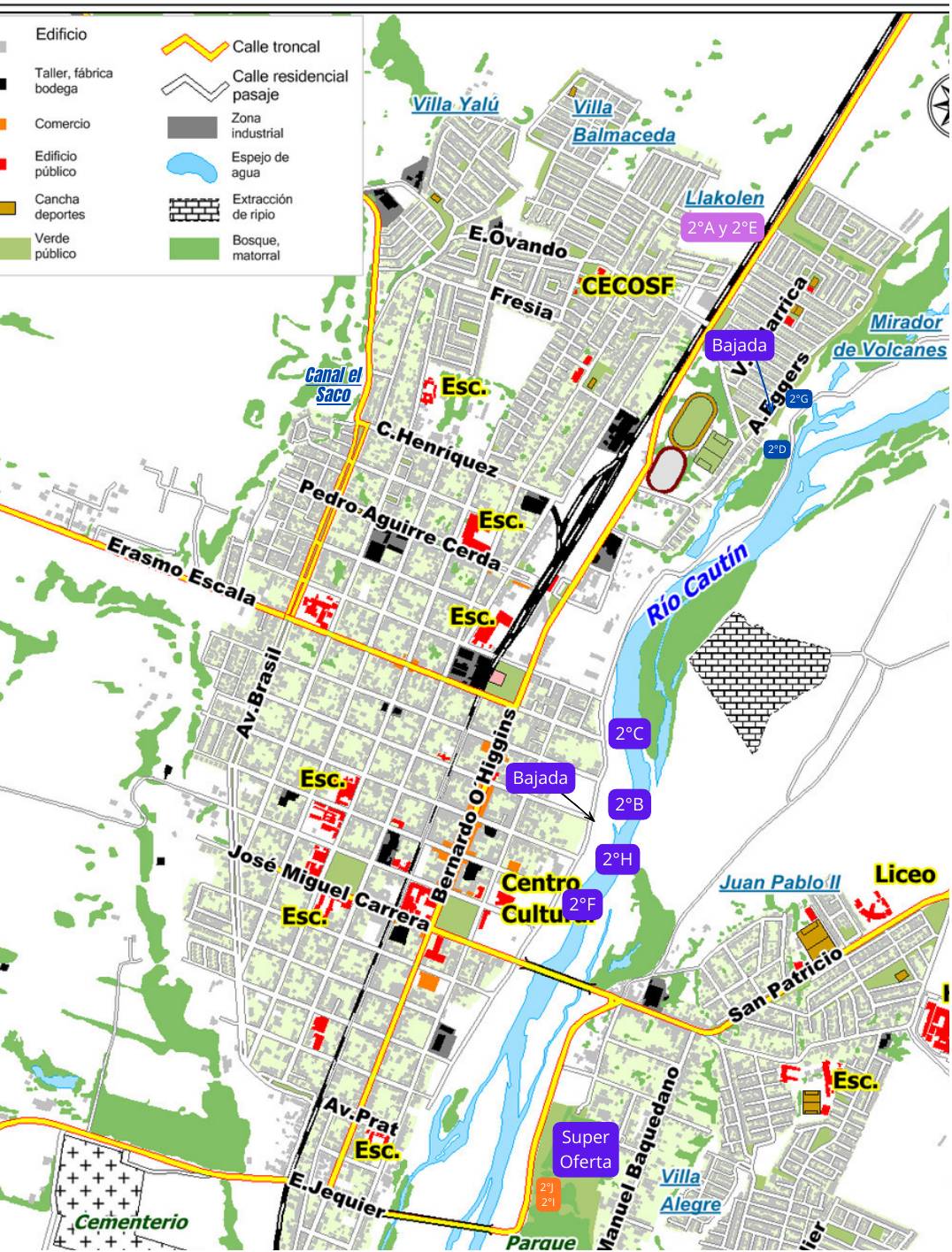 Mapa general de Lautaro con el punto de llegada de cada curso junto al río Cautín